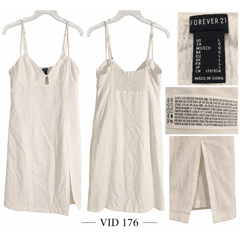 Forever 21 Linen Blend Midi Dress L Ivory White Strappy Smocked Back Slit